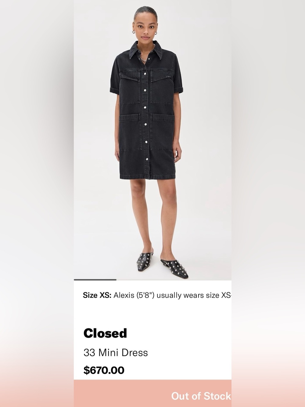 Closed 33 mini dress in black denim front buttons casual vibe